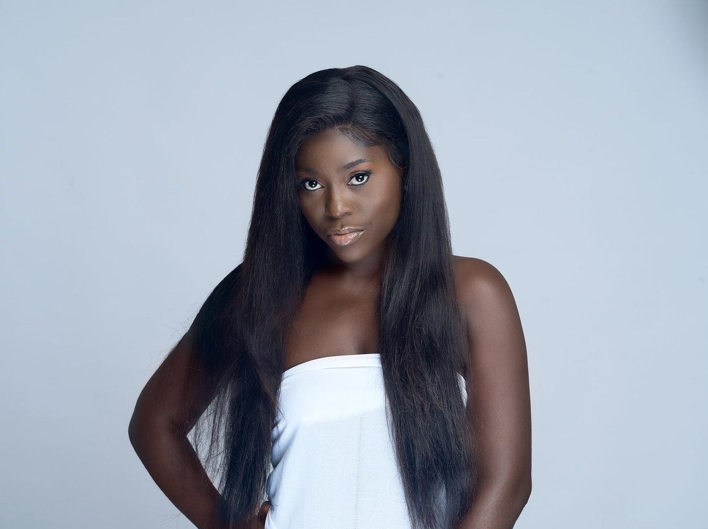 26-inch, natural black, straight-weft/bundle hair extension paired with a 13×4 lace front.